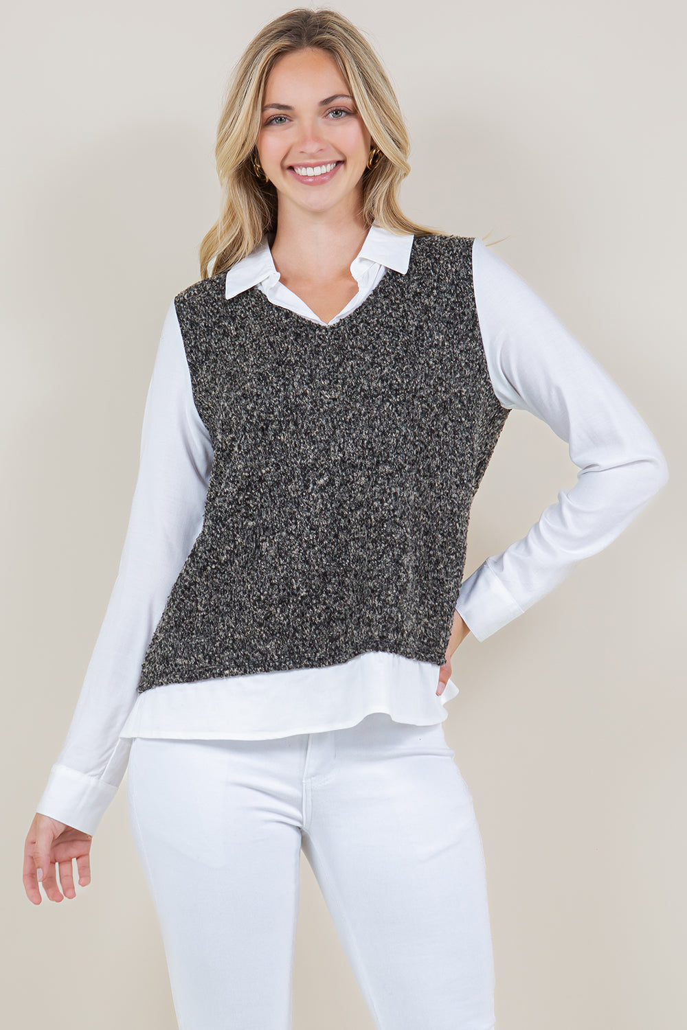LONG SLEEVE VEST TWOFER TOP - T11434-6928-2FER