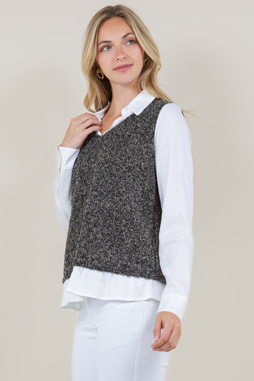LONG SLEEVE VEST TWOFER TOP - T11434-6928-2FER