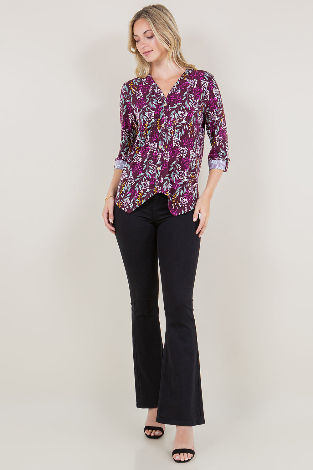 ELBOW SLEEVE ROLL TAB HANKIE HEM TOP - T11469-4891-6