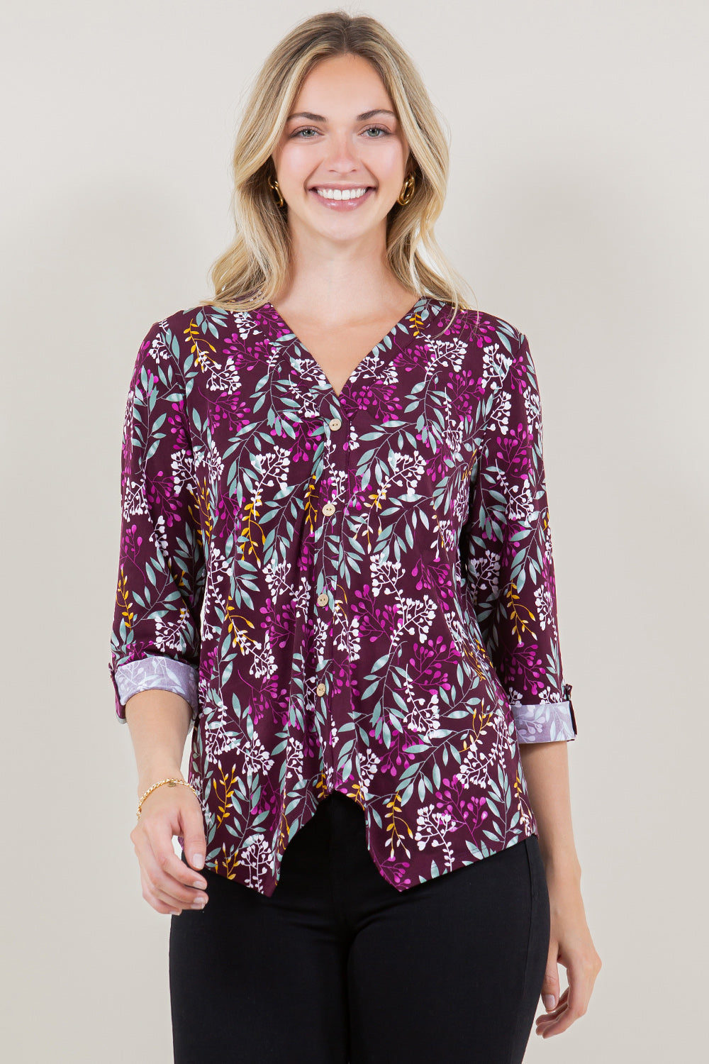 ELBOW SLEEVE ROLL TAB HANKIE HEM TOP - T11469-4891-6
