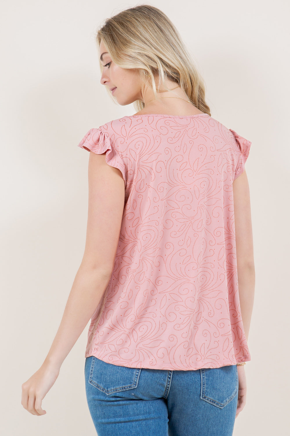 RUFFLE SLEEVE PINTUCK V NECK TOP - T11474-4041-DWITY