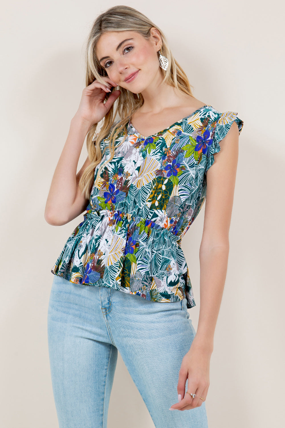 RUFFLE SLEEVE V NECK PEPLUM TOP - T11489-5241