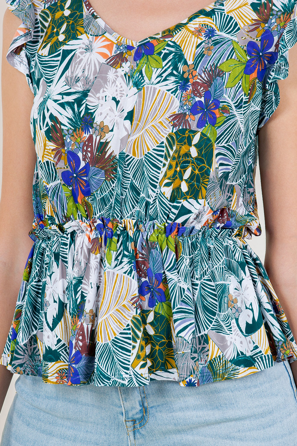 RUFFLE SLEEVE V NECK PEPLUM TOP - T11489-5241