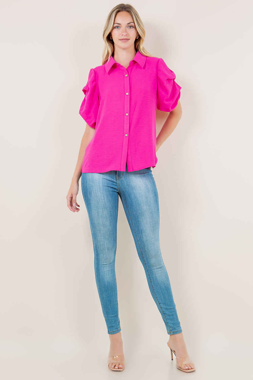 SS TACKED BUBBLE SLEEVES BUTTON FRONT SHIRT - T11491-PINK
