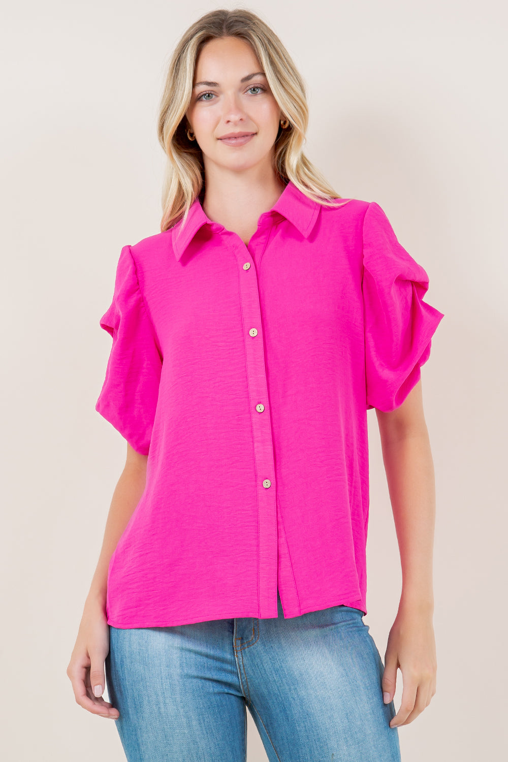 SS TACKED BUBBLE SLEEVES BUTTON FRONT SHIRT - T11491-PINK