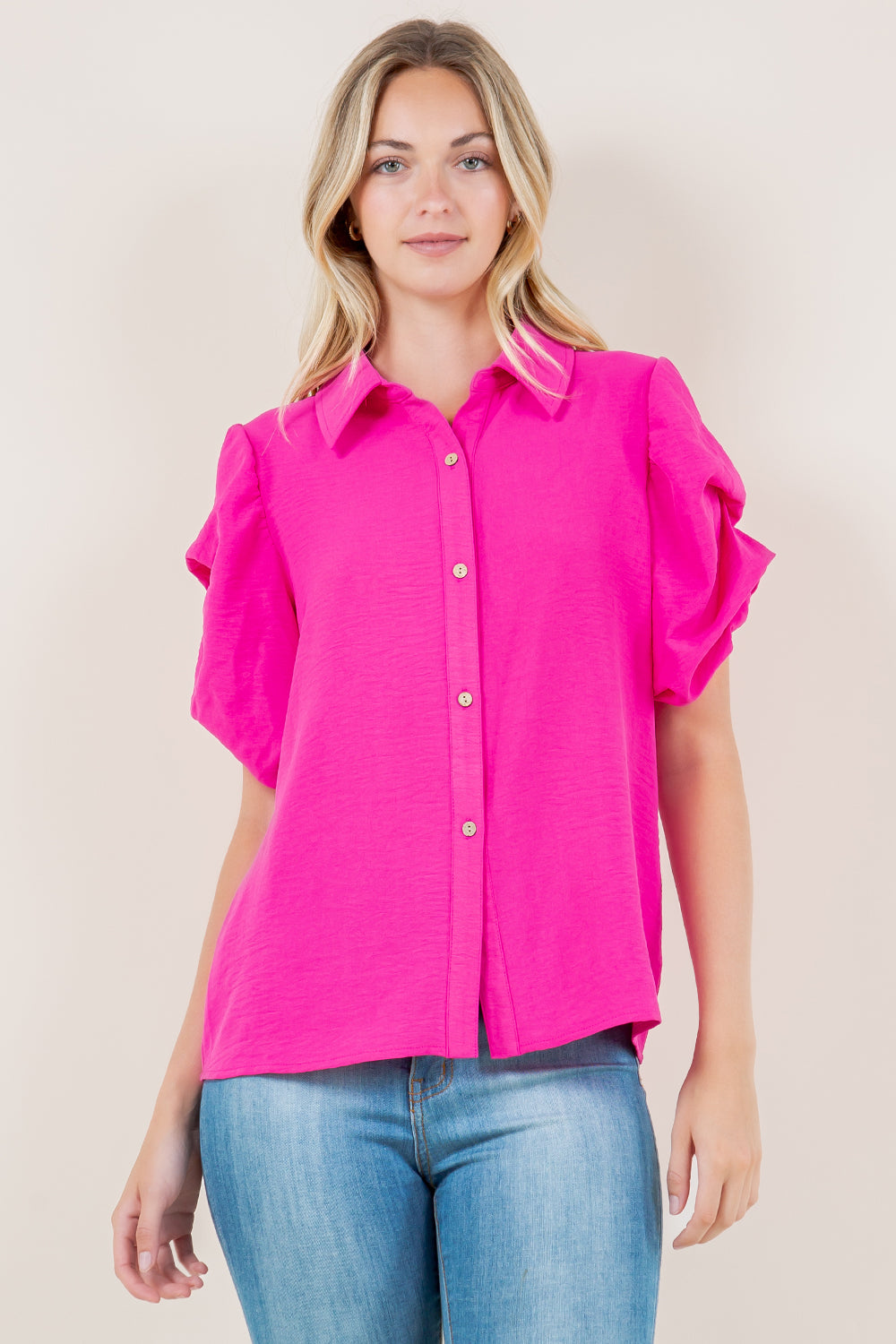 SS TACKED BUBBLE SLEEVES BUTTON FRONT SHIRT - T11491-PINK