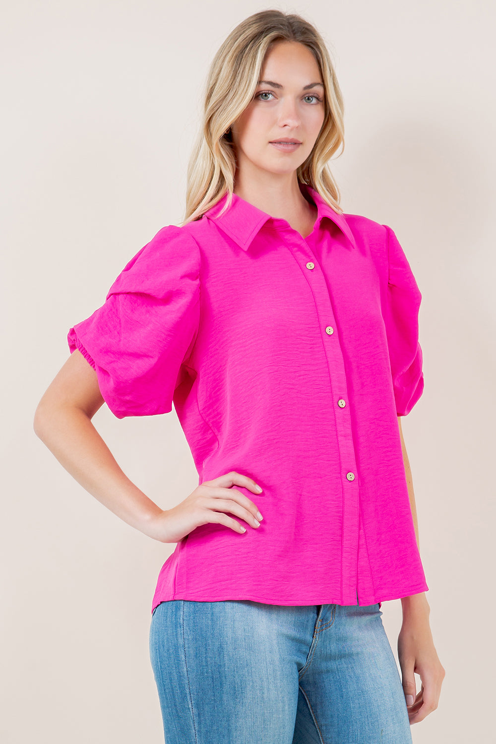 SS TACKED BUBBLE SLEEVES BUTTON FRONT SHIRT - T11491-PINK