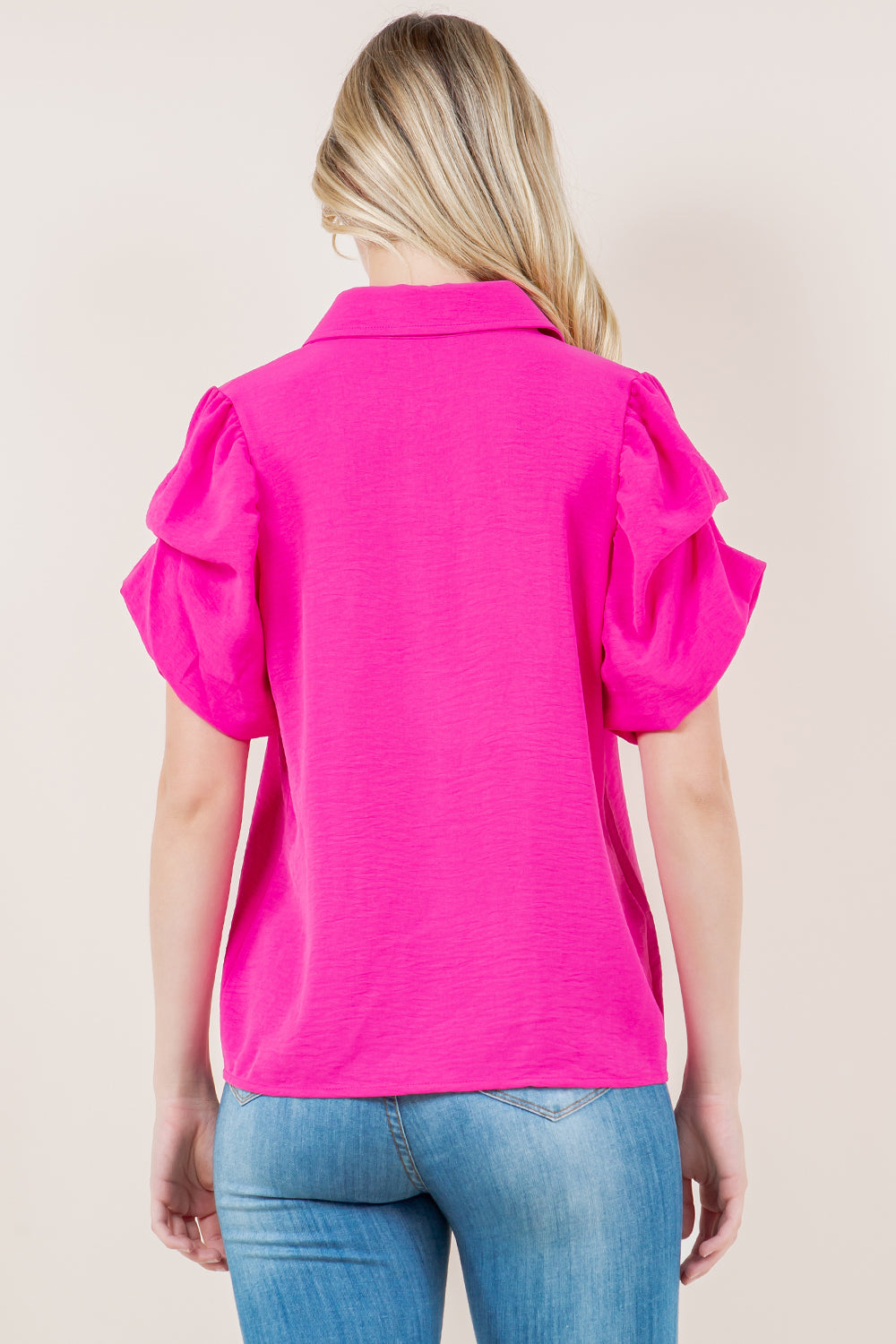 SS TACKED BUBBLE SLEEVES BUTTON FRONT SHIRT - T11491-PINK
