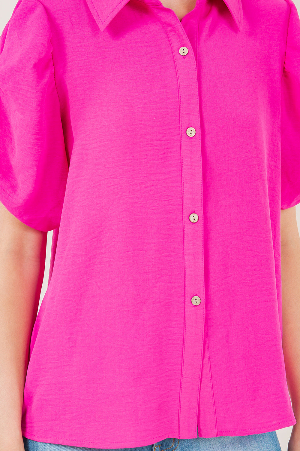 SS TACKED BUBBLE SLEEVES BUTTON FRONT SHIRT - T11491-PINK