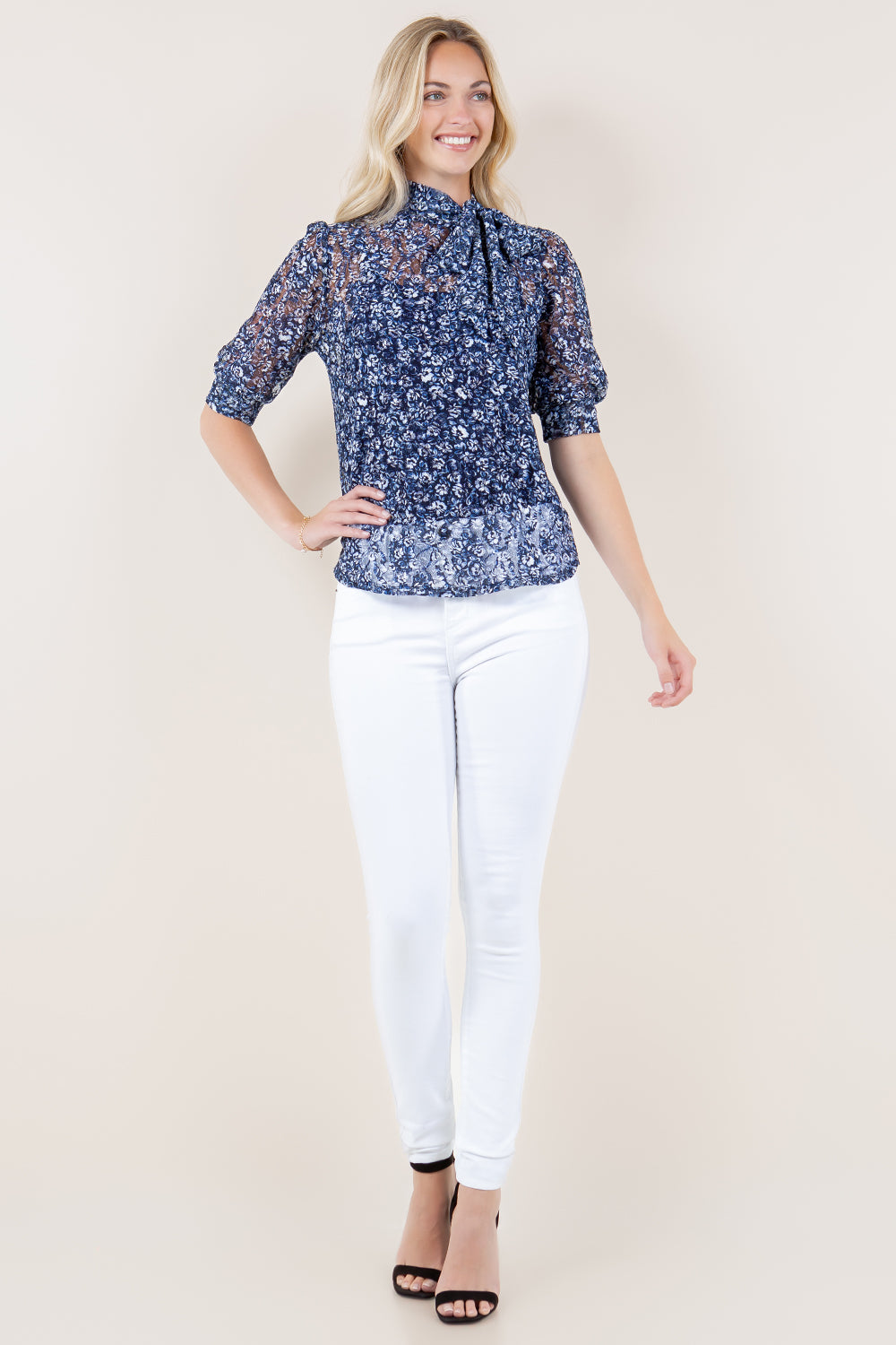 ELB SLV SELF NECK TIE TOP - T11493-LACE