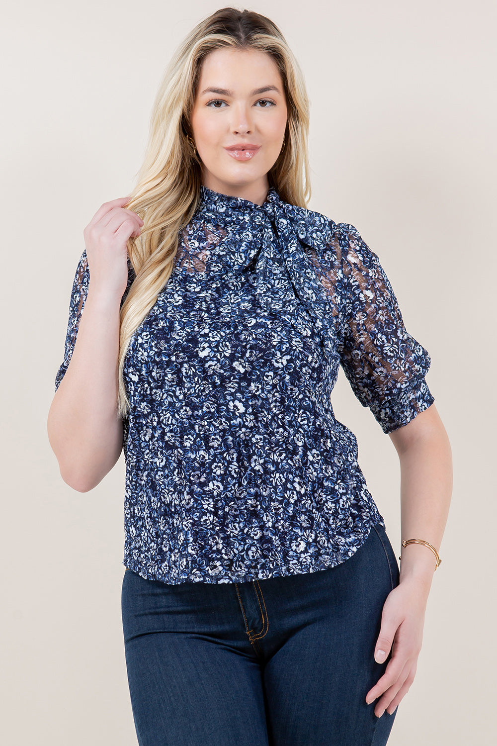 ELB SLV SELF NECK TIE TOP - T11493-LACE