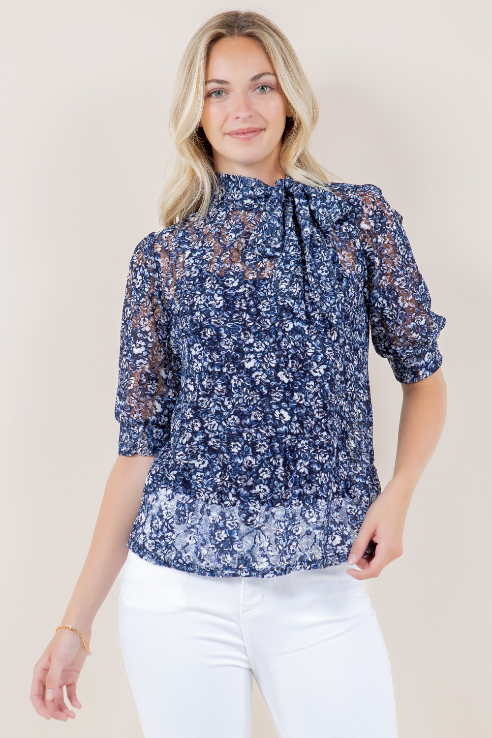 ELB SLV SELF NECK TIE TOP - T11493-LACE