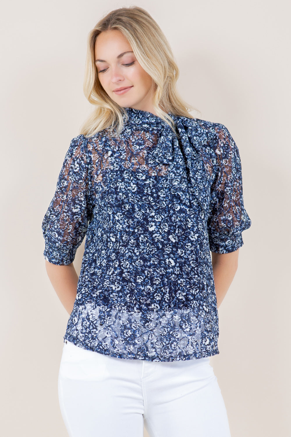 ELB SLV SELF NECK TIE TOP - T11493-LACE