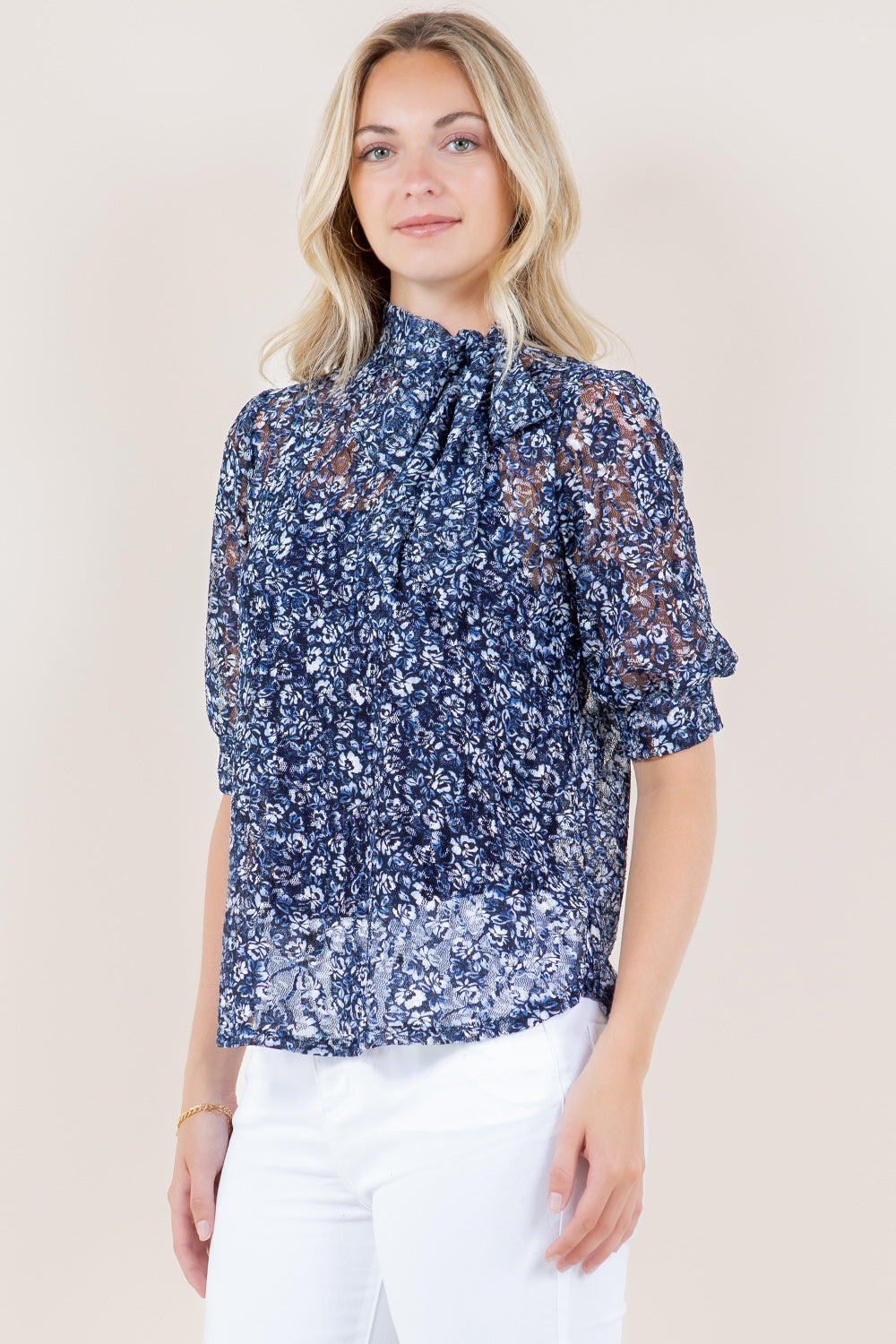ELB SLV SELF NECK TIE TOP - T11493-LACE