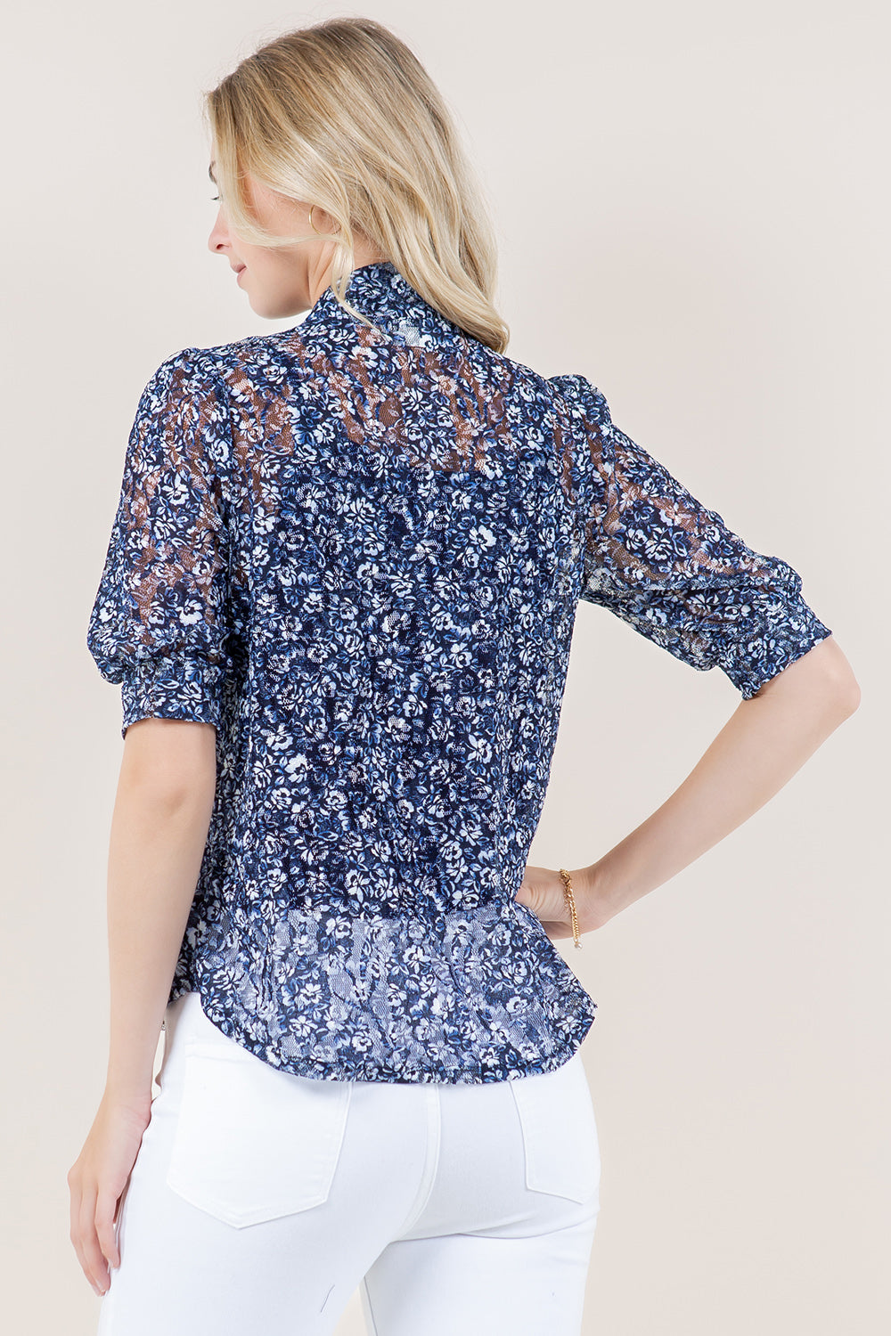 ELB SLV SELF NECK TIE TOP - T11493-LACE