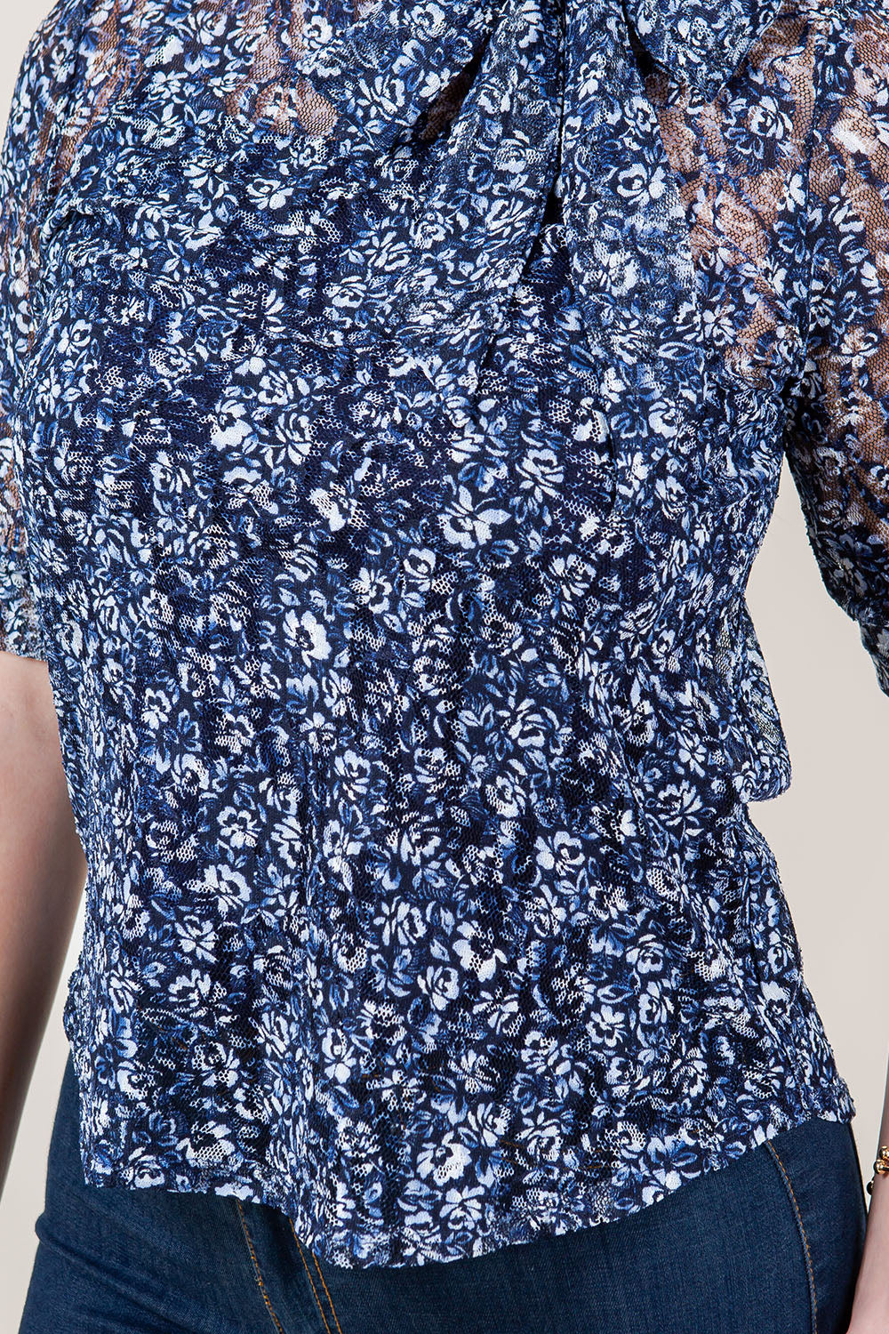 ELB SLV SELF NECK TIE TOP - T11493-LACE