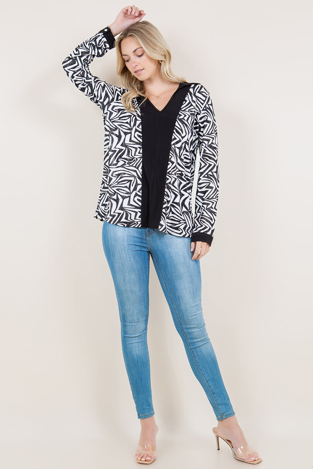 LS COLOR BLOCK V NECK COLLAR TOP - T11499-2910-FLITY