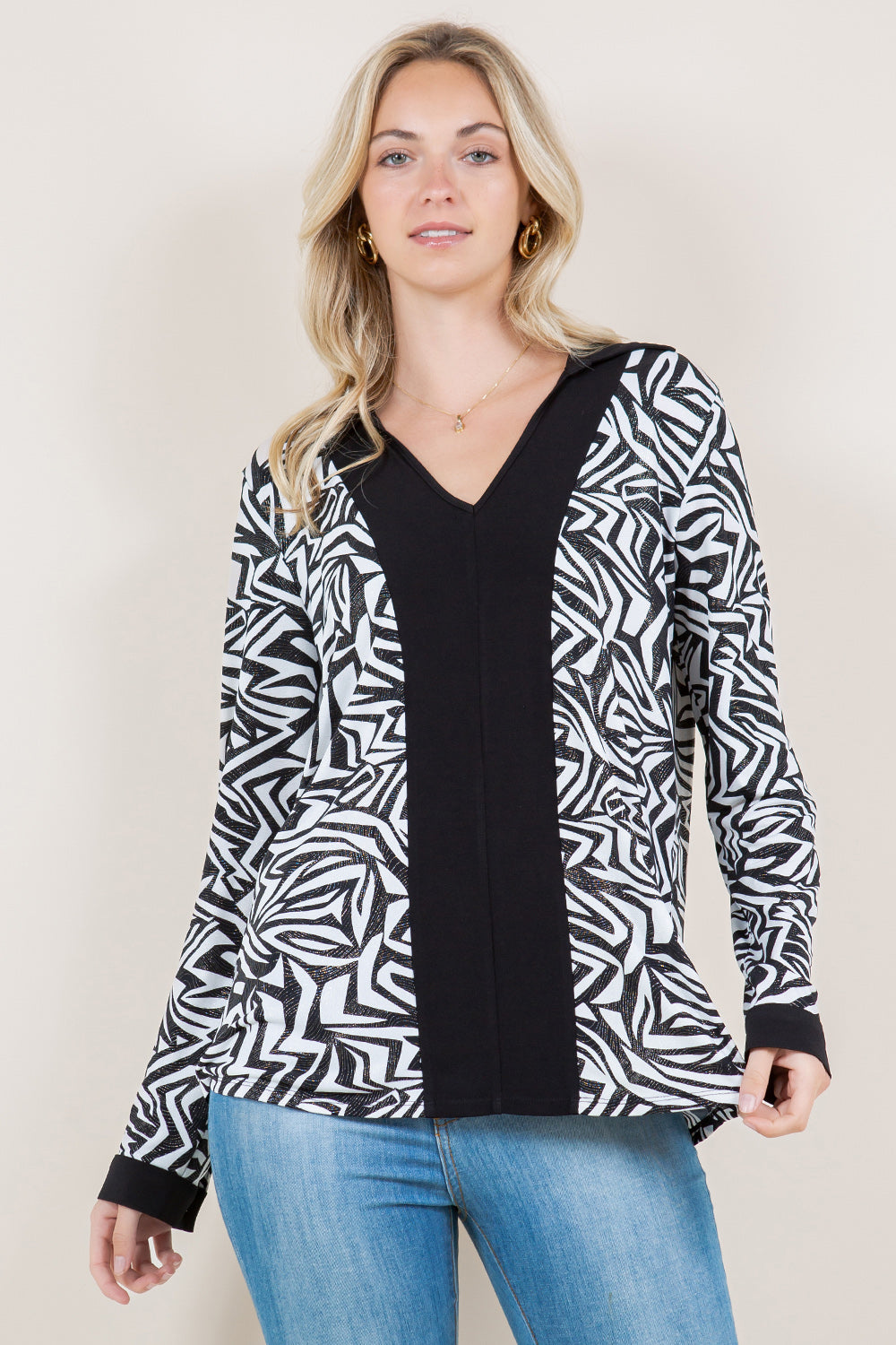 LS COLOR BLOCK V NECK COLLAR TOP - T11499-2910-FLITY