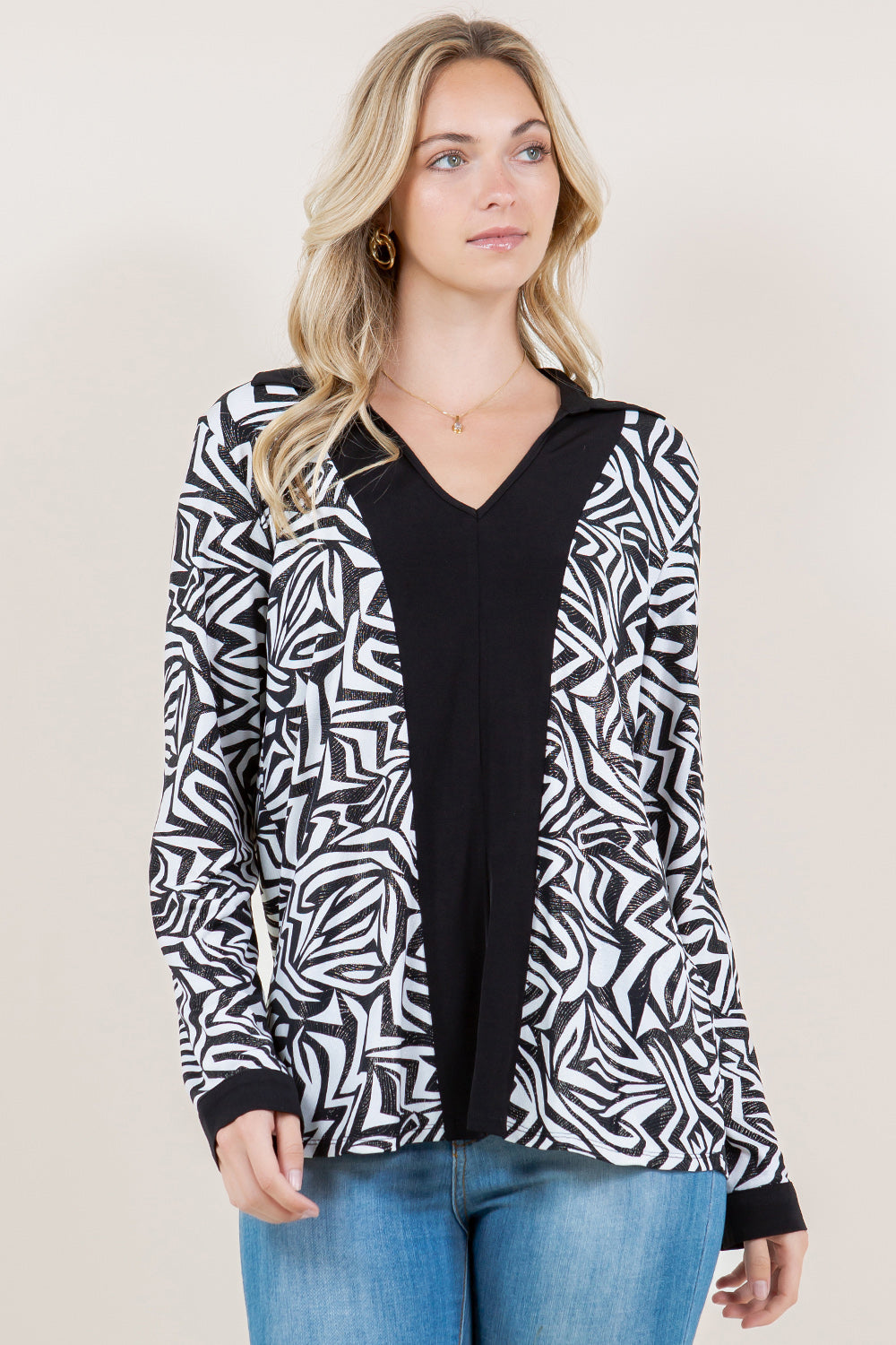 LS COLOR BLOCK V NECK COLLAR TOP - T11499-2910-FLITY