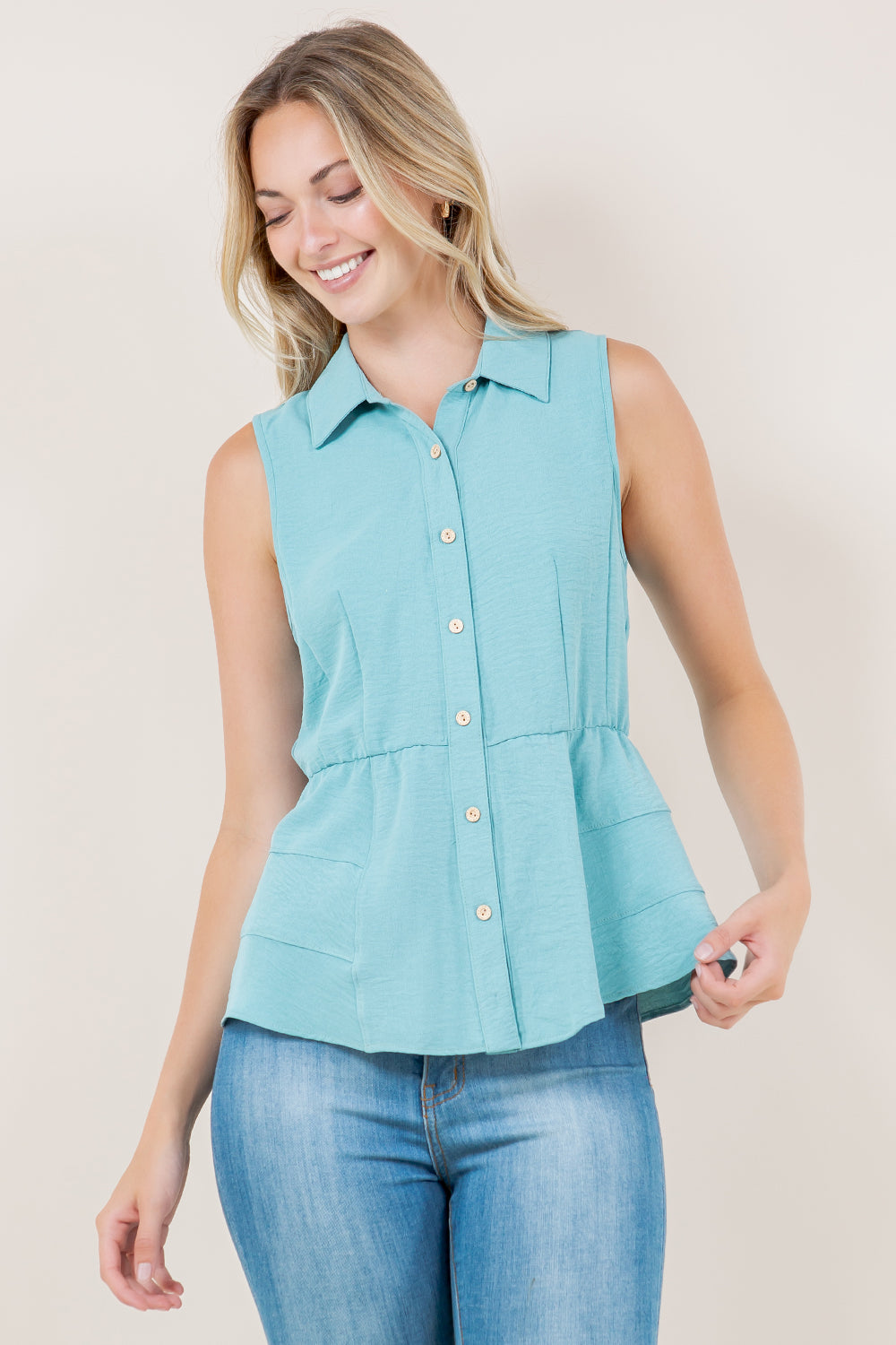 SL TIER PEPLUM BUTTON UP SHIRT - T11507-AFLW-ALOE
