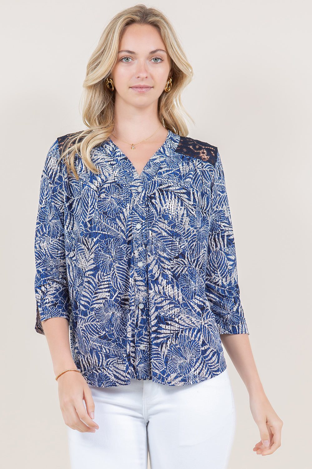 3/4 SLEEVE BUTTON UP LACE YOKE SHIRT - T11511-88429-1-JQITY