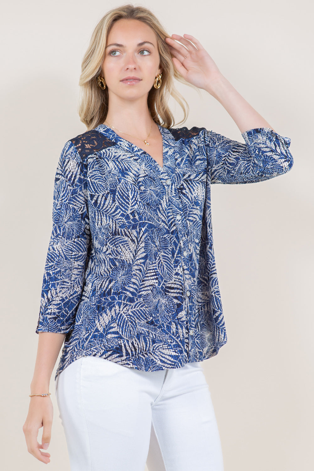 3/4 SLEEVE BUTTON UP LACE YOKE SHIRT - T11511-88429-1-JQITY