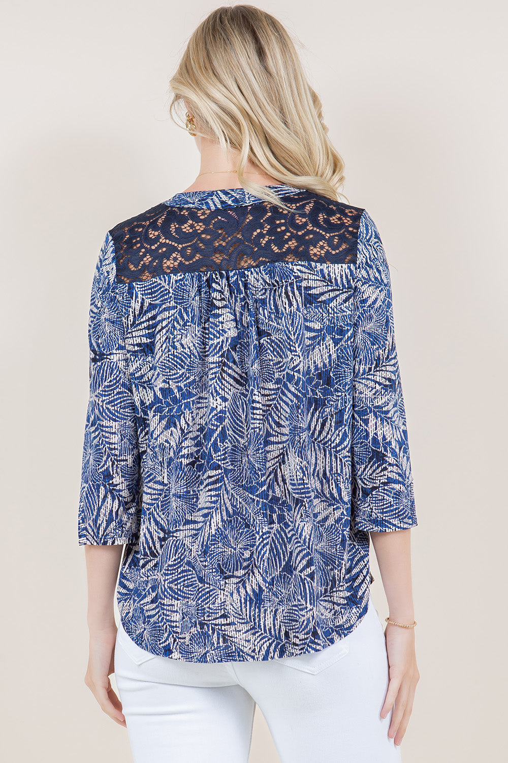 3/4 SLEEVE BUTTON UP LACE YOKE SHIRT - T11511-88429-1-JQITY