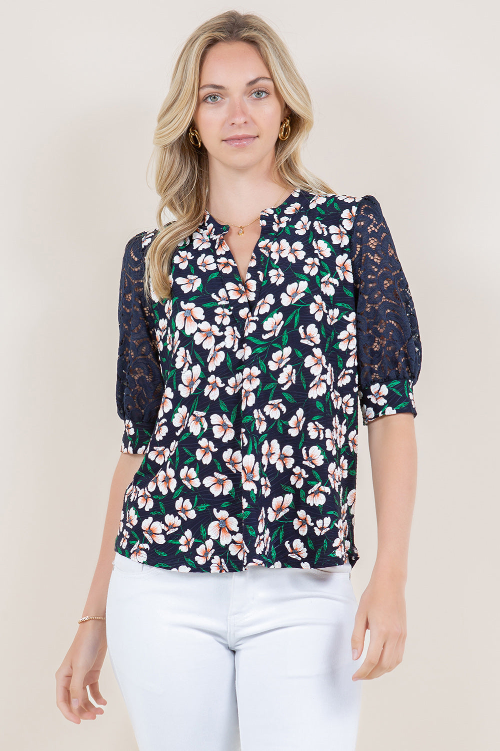 PUFF ELBOW LACE SLEEVE PLACKET NOTCH TOP - T11512-1136-1-JQITY