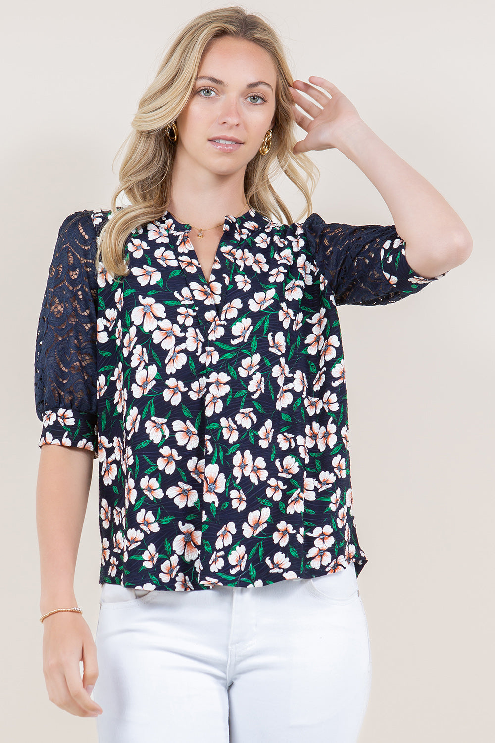 PUFF ELBOW LACE SLEEVE PLACKET NOTCH TOP - T11512-1136-1-JQITY