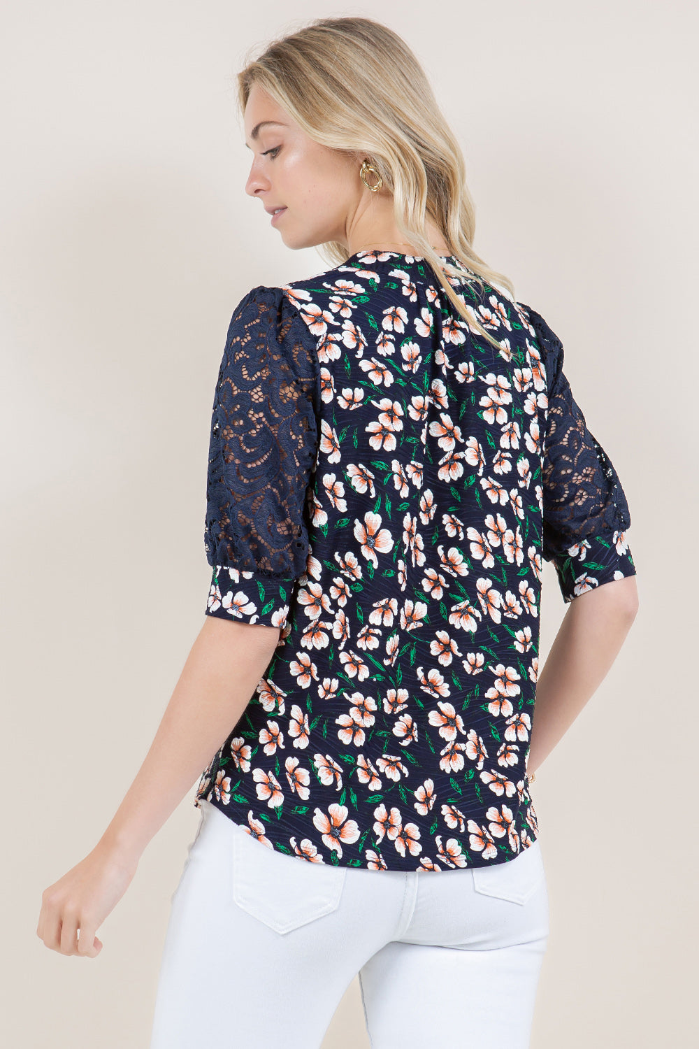 PUFF ELBOW LACE SLEEVE PLACKET NOTCH TOP - T11512-1136-1-JQITY