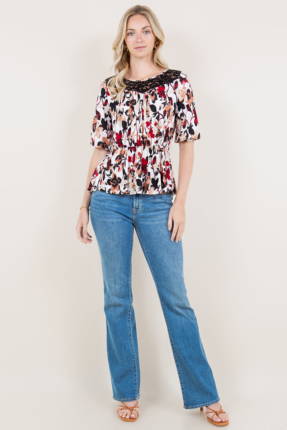 ELBOW SLEEVE ELASTIC WAST LACE YOKE BLOUSE - T11513-A0200-1-JQITY