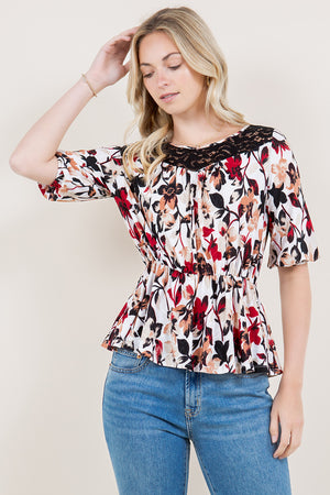 ELBOW SLEEVE ELASTIC WAST LACE YOKE BLOUSE - T11513-A0200-1-JQITY