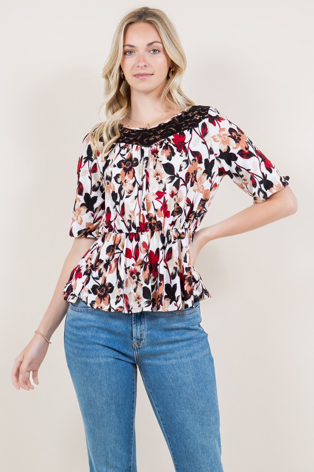 ELBOW SLEEVE ELASTIC WAST LACE YOKE BLOUSE - T11513-A0200-1-JQITY
