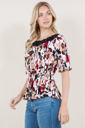 ELBOW SLEEVE ELASTIC WAST LACE YOKE BLOUSE - T11513-A0200-1-JQITY