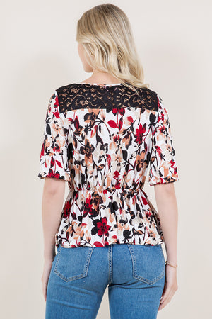 ELBOW SLEEVE ELASTIC WAST LACE YOKE BLOUSE - T11513-A0200-1-JQITY