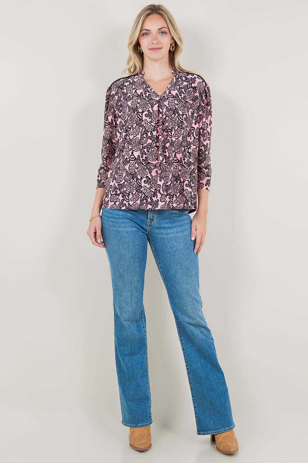 3/4 SLV V-NECK NOTCH STAND COLLAR LACE TRIM TOP - T11516-0930
