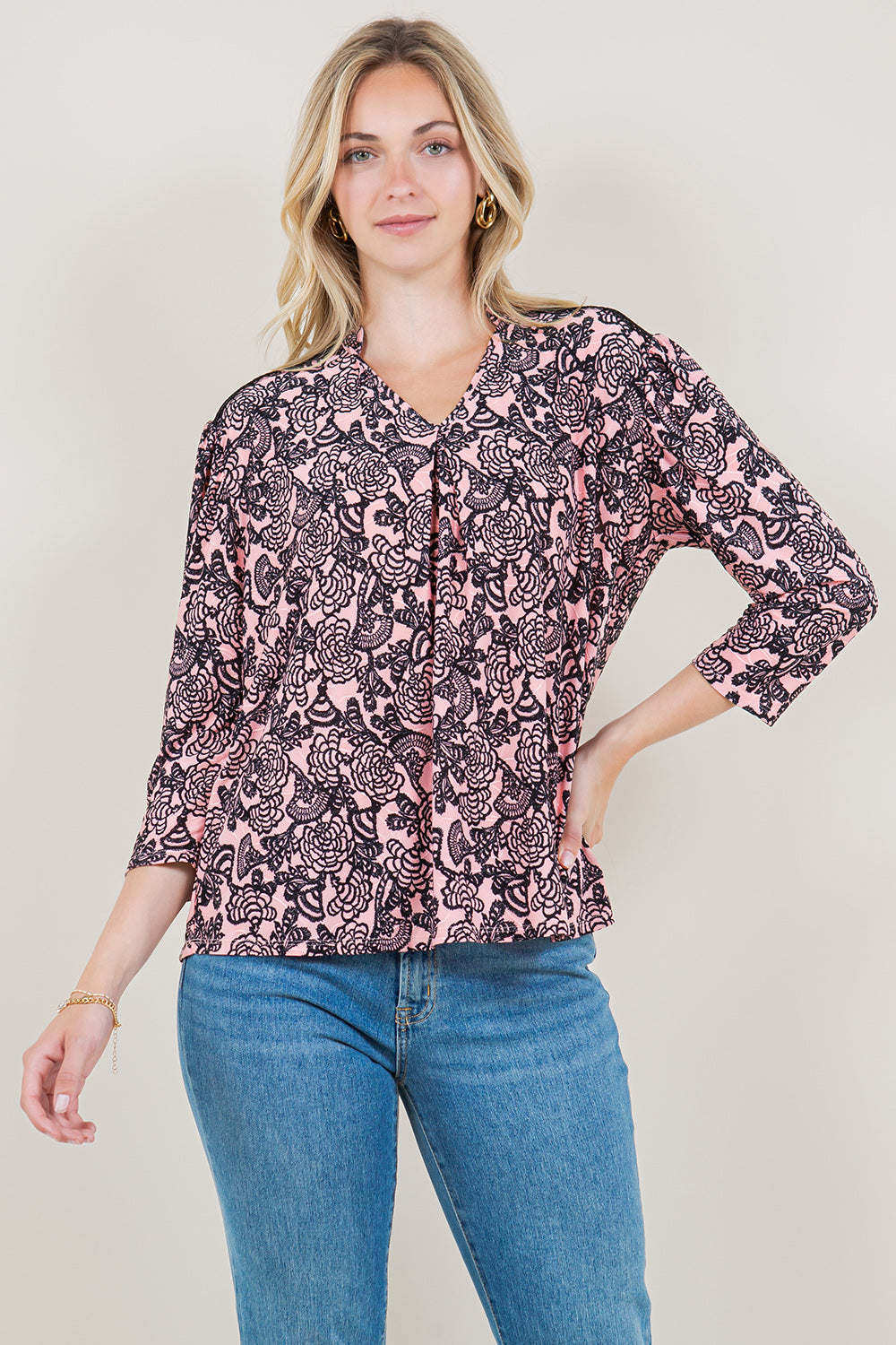 3/4 SLV V-NECK NOTCH STAND COLLAR LACE TRIM TOP - T11516-0930
