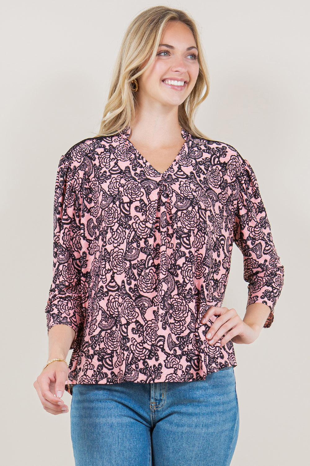 3/4 SLV V-NECK NOTCH STAND COLLAR LACE TRIM TOP - T11516-0930