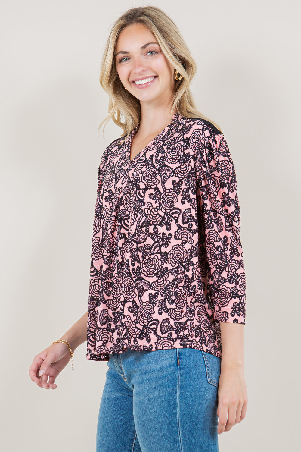 3/4 SLV V-NECK NOTCH STAND COLLAR LACE TRIM TOP - T11516-0930
