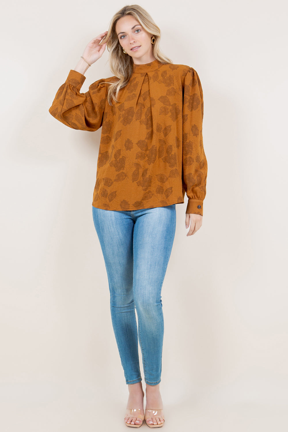 LS PLEATED MOCK NECK TOP - T11522-JJE-1537-PAFLW KPRW-JJE-1537