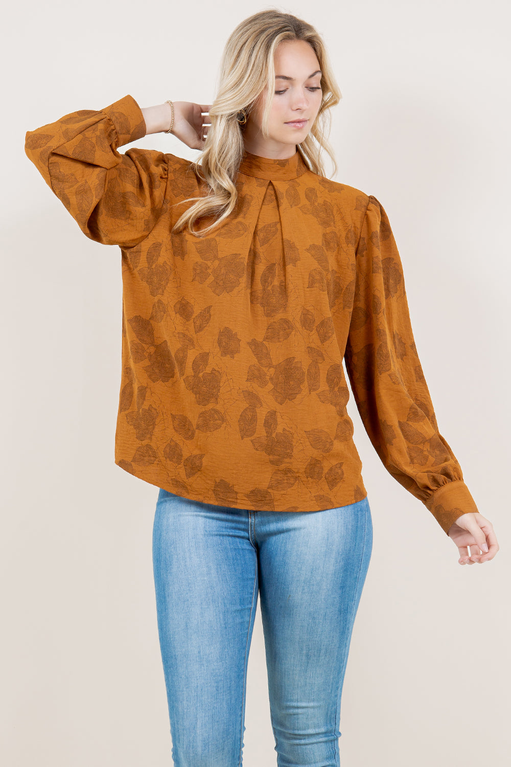 LS PLEATED MOCK NECK TOP - T11522-JJE-1537-PAFLW KPRW-JJE-1537
