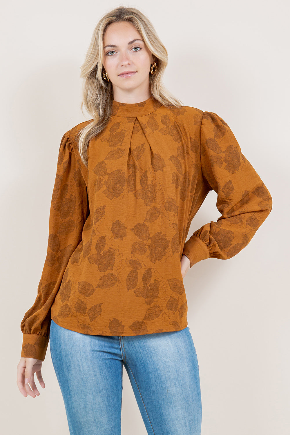 LS PLEATED MOCK NECK TOP - T11522-JJE-1537-PAFLW KPRW-JJE-1537
