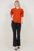 SS PLEATED PUFF SLEEVE NOTCH NECK PLACKET TOP - T11524-JJE-1537