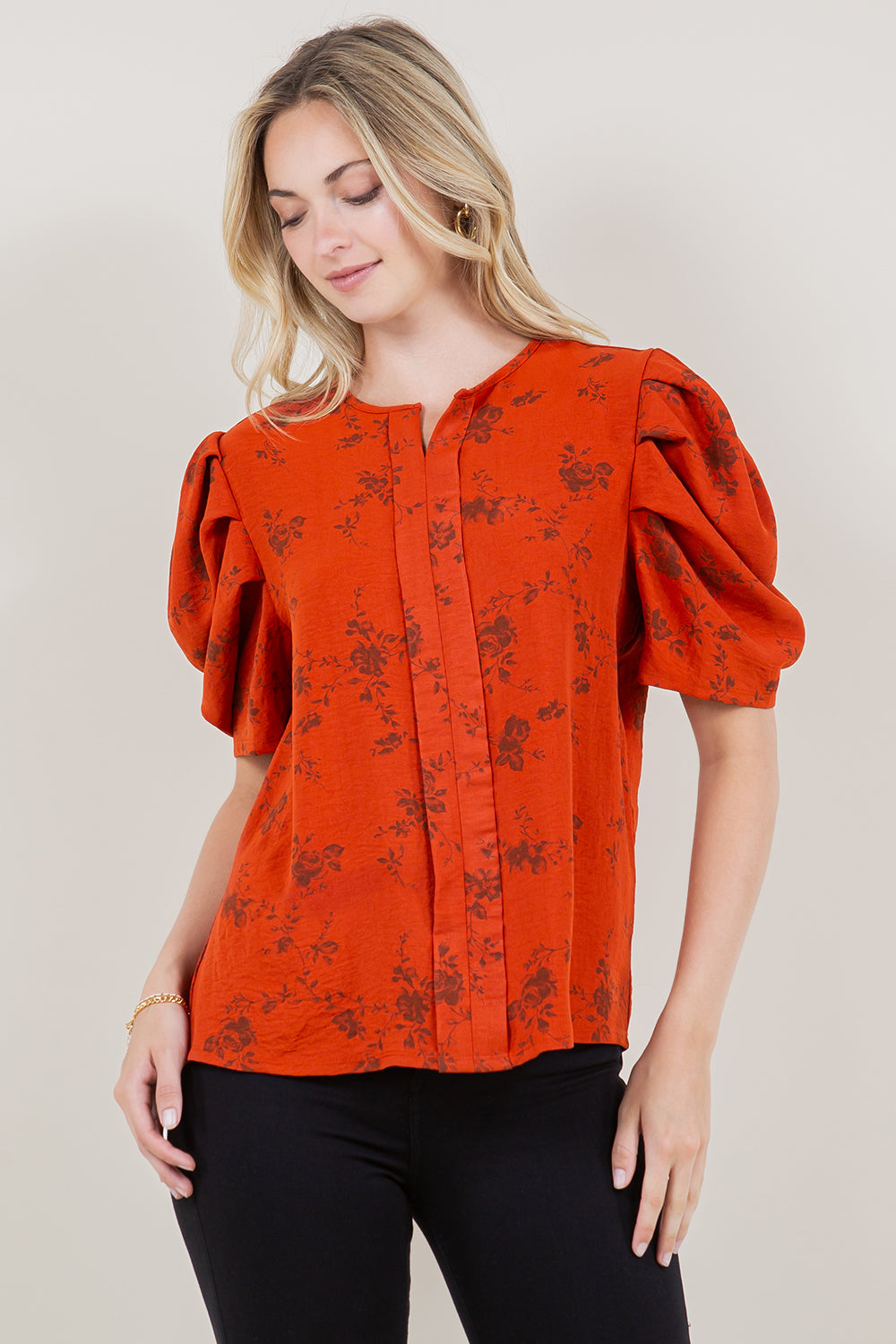 SS PLEATED PUFF SLEEVE NOTCH NECK PLACKET TOP - T11524-JJE-1537