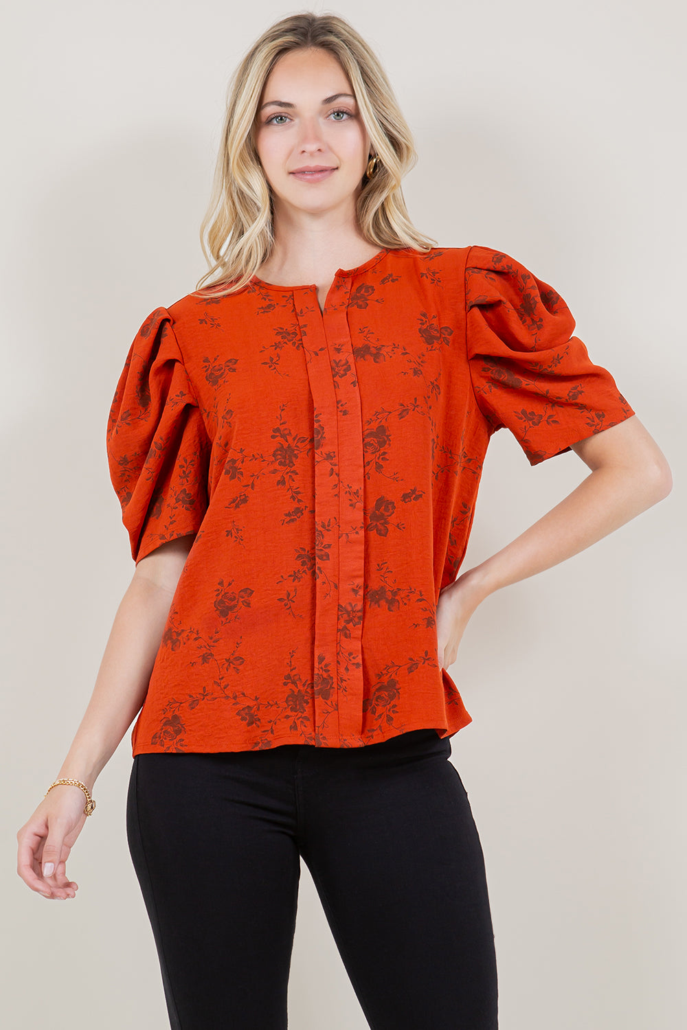 SS PLEATED PUFF SLEEVE NOTCH NECK PLACKET TOP - T11524-JJE-1537