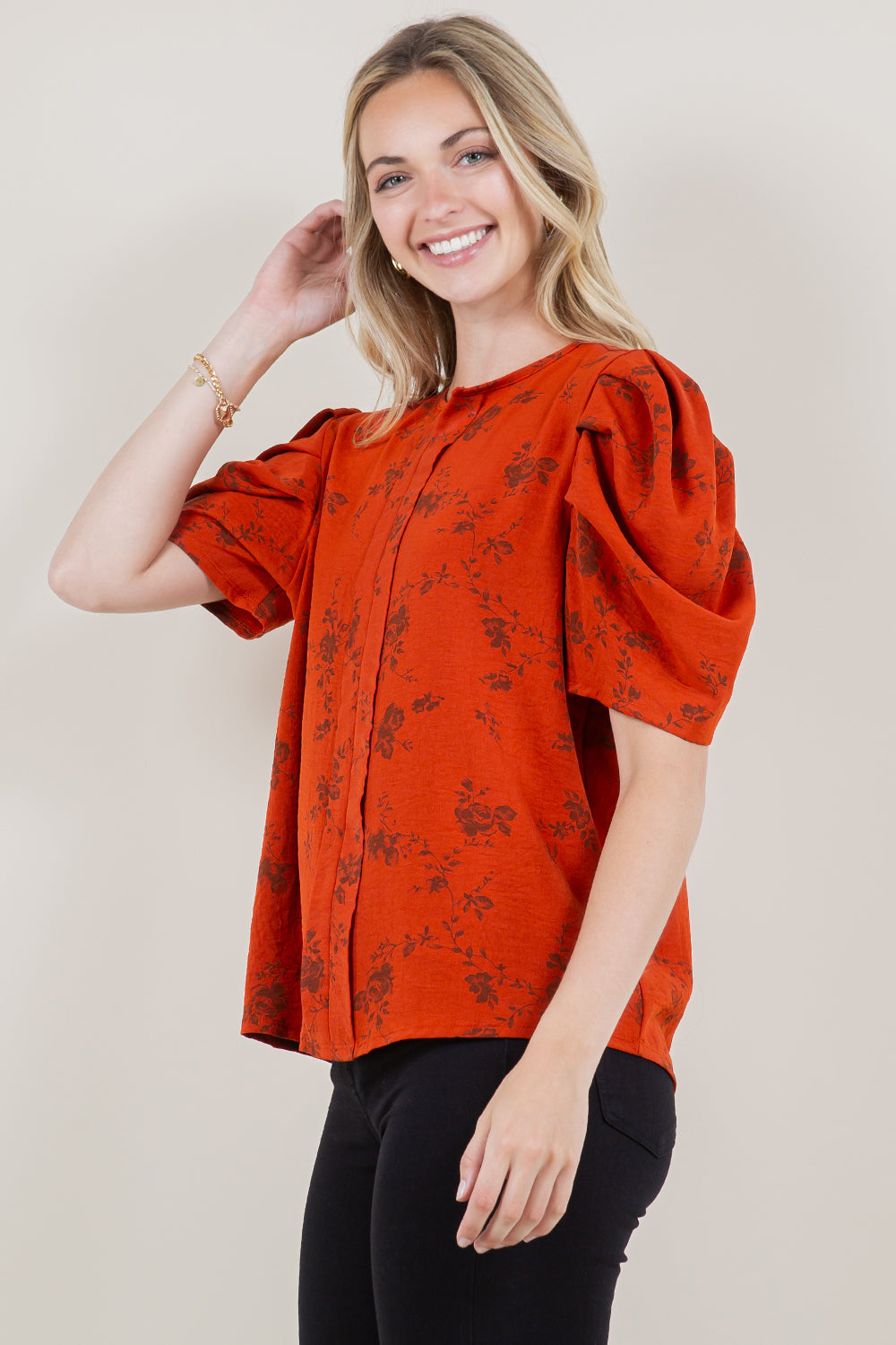 SS PLEATED PUFF SLEEVE NOTCH NECK PLACKET TOP - T11524-JJE-1537