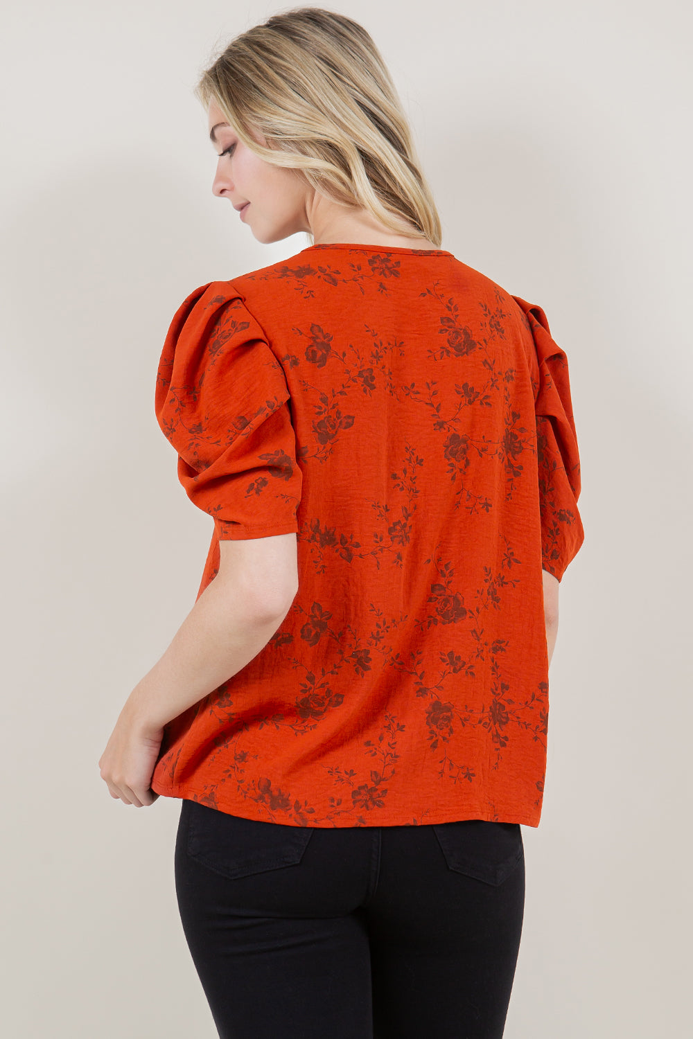 SS PLEATED PUFF SLEEVE NOTCH NECK PLACKET TOP - T11524-JJE-1537