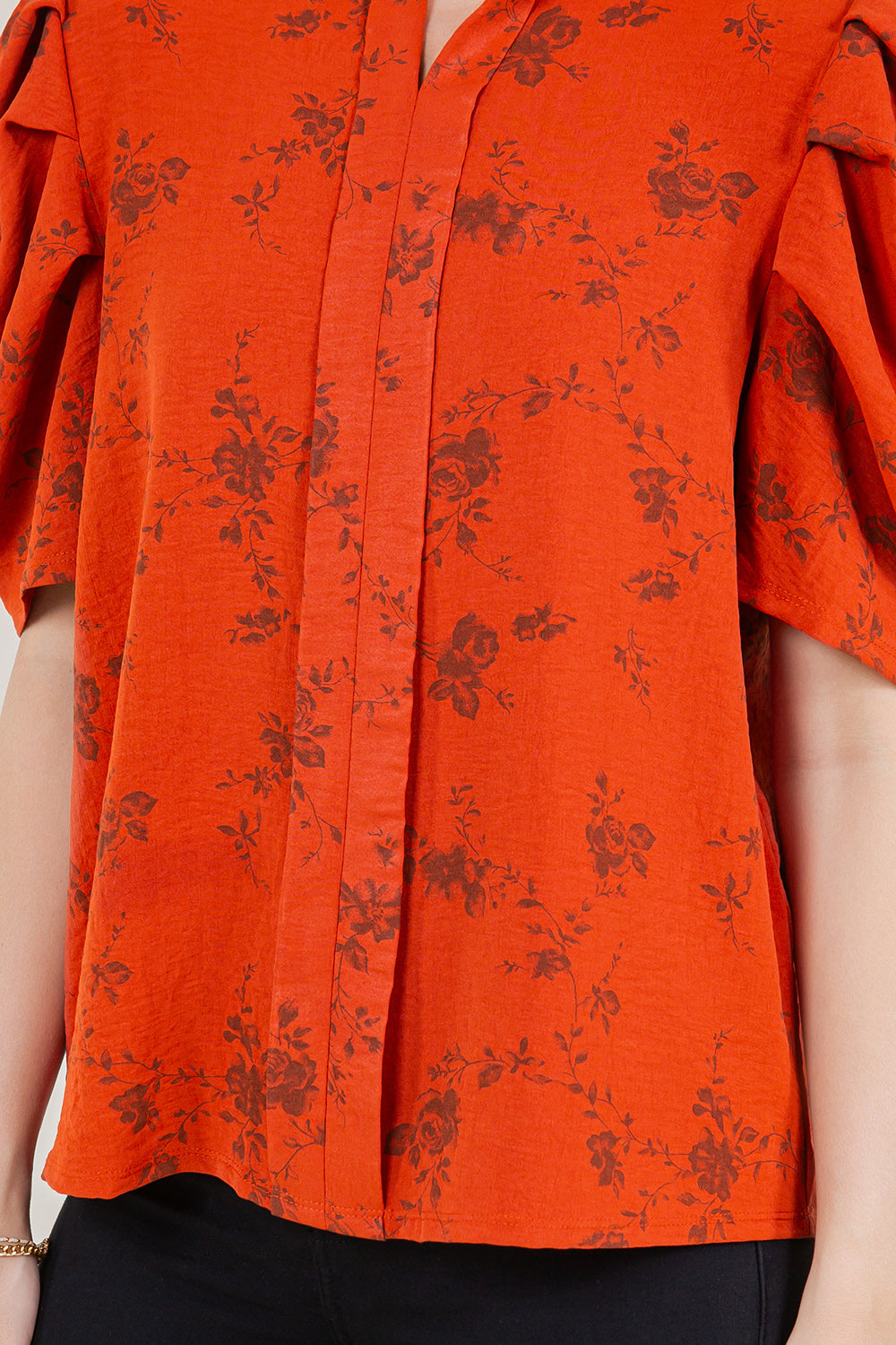 SS PLEATED PUFF SLEEVE NOTCH NECK PLACKET TOP - T11524-JJE-1537