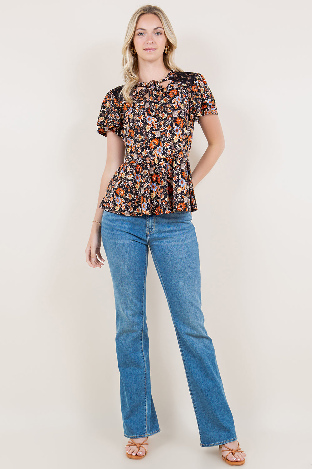 2 RUFFLE SLEEVE SLD YOKE LACE NECK BOW TIE TOP - T11543-0018-FLITY