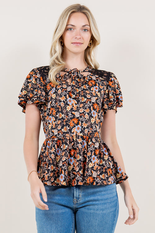 2 RUFFLE SLEEVE SLD YOKE LACE NECK BOW TIE TOP - T11543-0018-FLITY